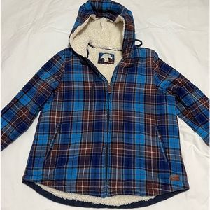 L.L. Bean Women's Scotch Relaxed Fit Blue Plaid Flannel Sherpa-Lined Zip Hoodie